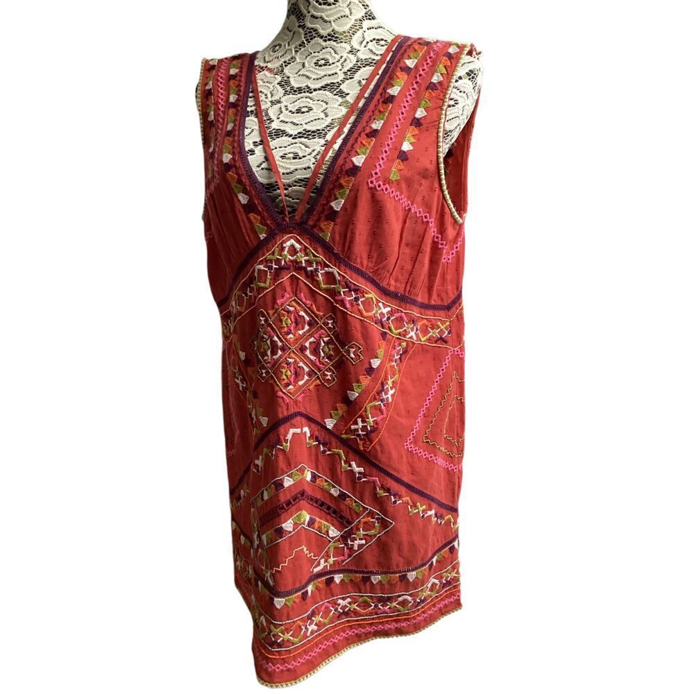Anthropologie Embroidered‎ Rust Mini Dress Coverup with intricate embroidery L
